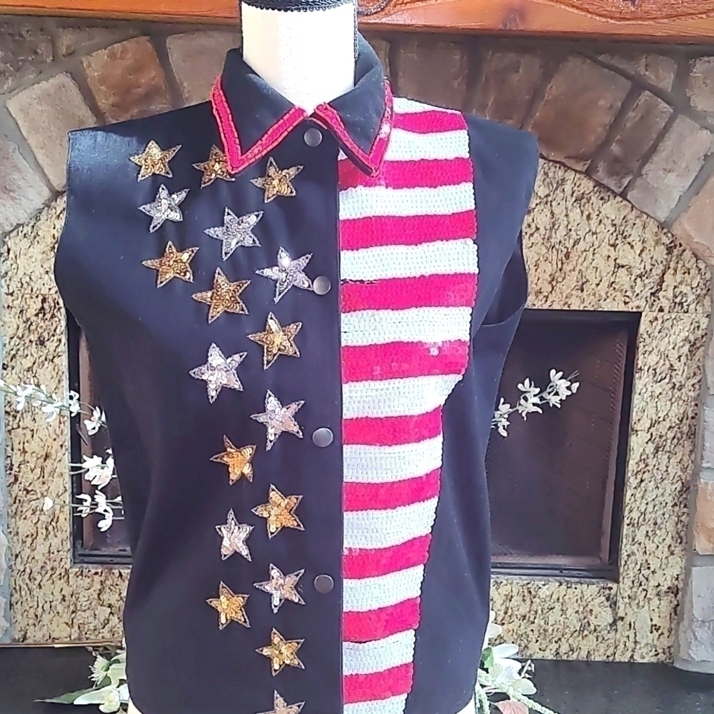 Modi Denim Patriotic Vest Adorned with American Flag in Front and American Eagle